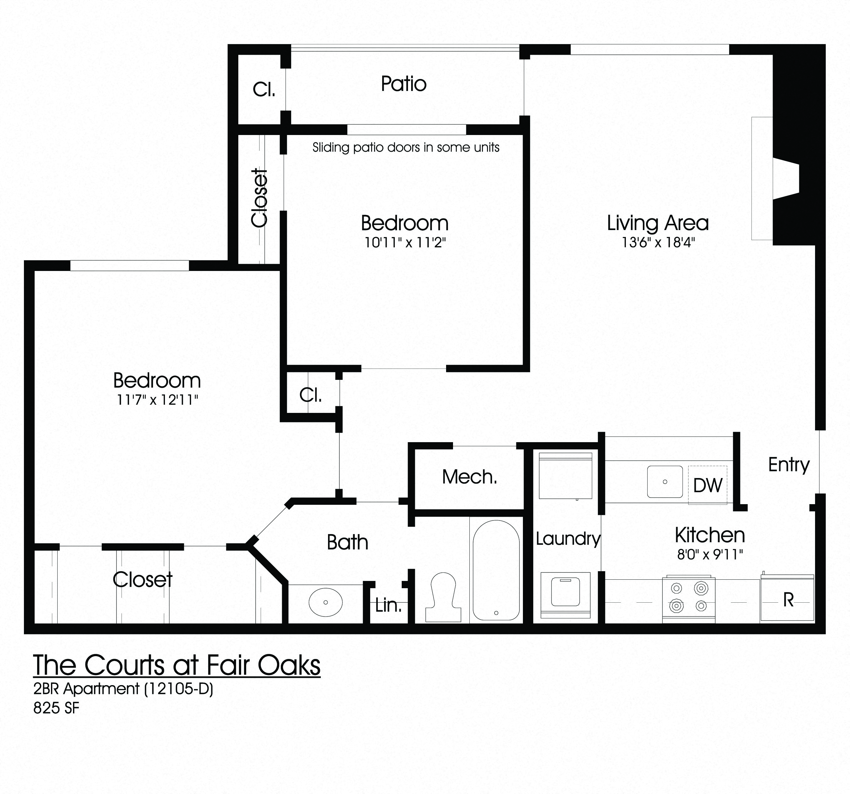 Floor plan for 2 beds, 1 bath, 850 sqft